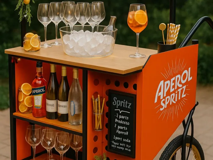 Carrito de Aperol spritz naranja con copas, botellero y luces