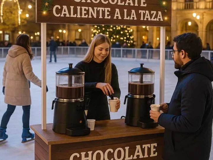 Camarera sirviendo chocolate caliente por la noche junto a una pista de patinaje