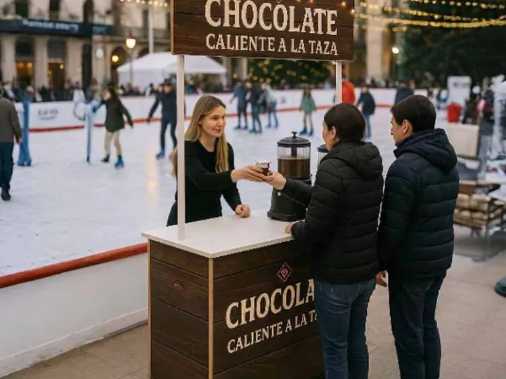 Chocolate caliente para eventos junto a una pista de hielo en Navidad
