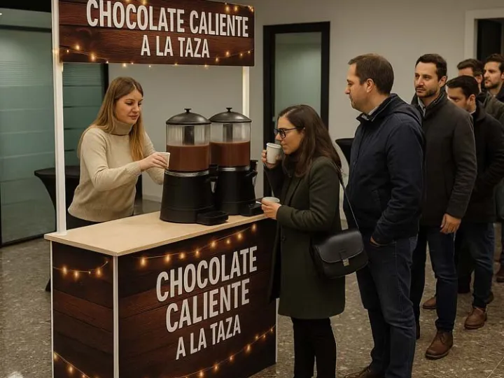 Cola de asistentes en el puesto de chocolate caliente de un congreso