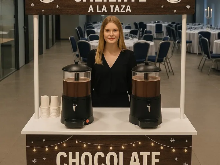 Puesto de chocolate caliente a la taza con dos dispensadores en un evento de empresa