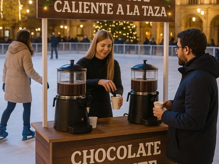 Puesto de chocolate caliente iluminado en un mercado de Navidad