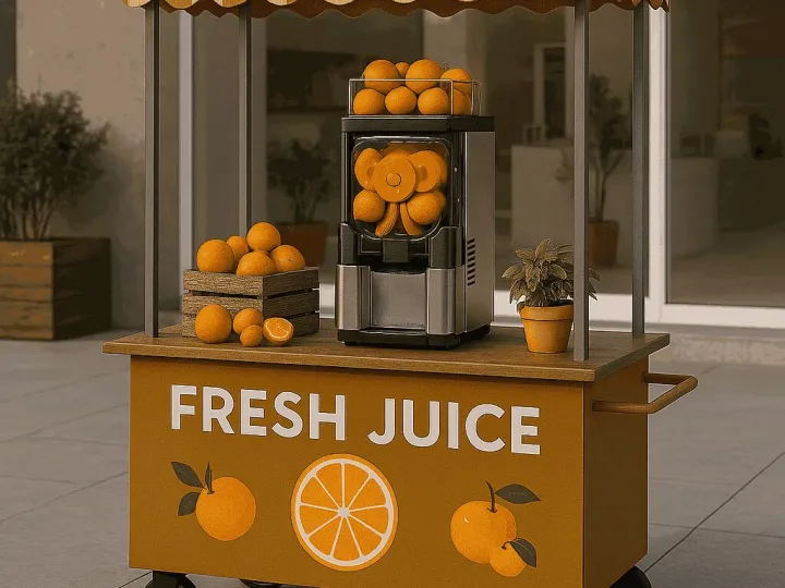 Carrito de zumo de naranja natural para eventos con exprimidor automático