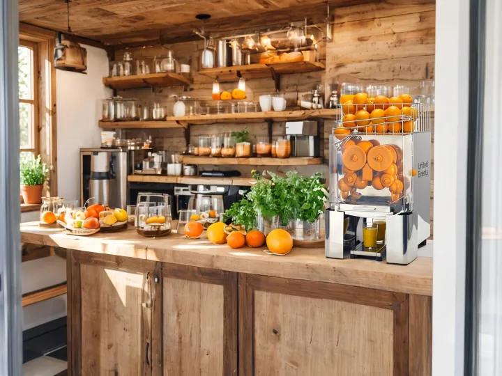 Exprimidor automático lleno de naranjas sobre una barra de madera