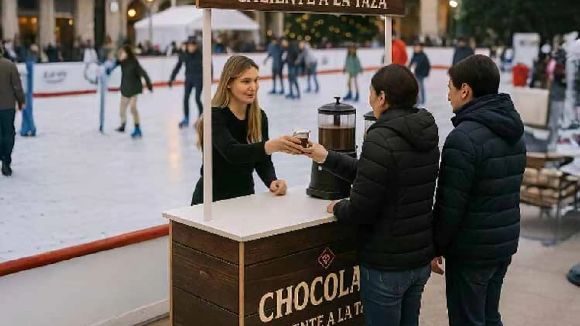 Chocolate caliente para eventos junto a una pista de hielo en Navidad