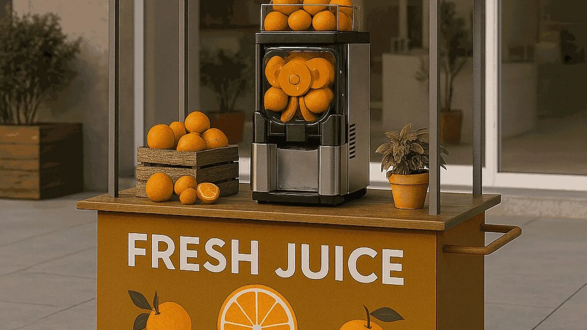 Carrito de zumo de naranja natural para eventos con exprimidor automático