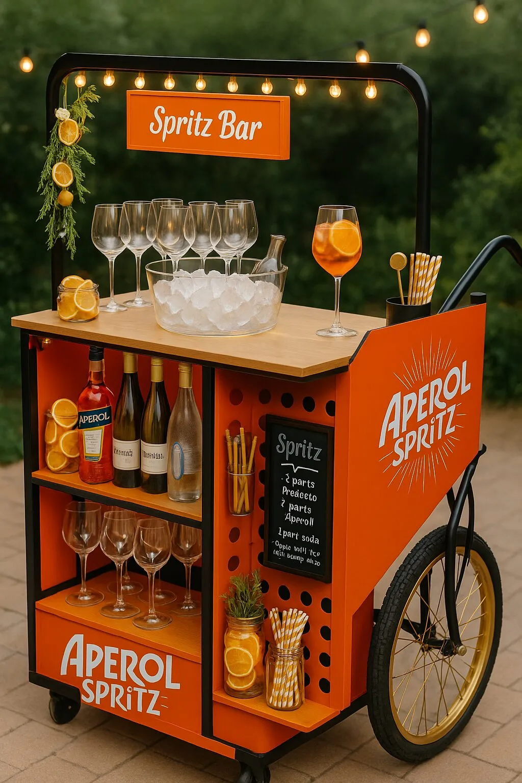 Carrito de Aperol spritz naranja con copas, botellero y luces