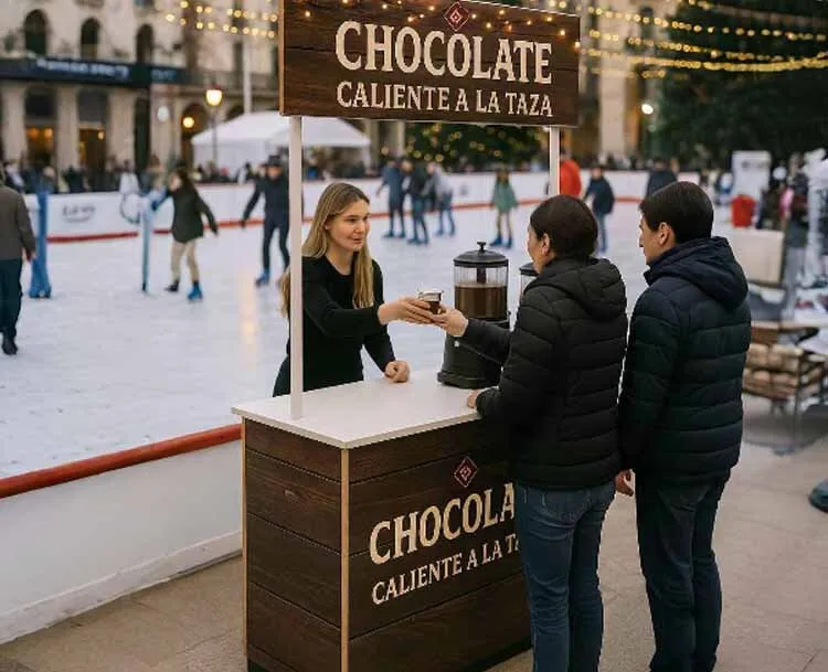 Chocolate caliente para eventos junto a una pista de hielo en Navidad
