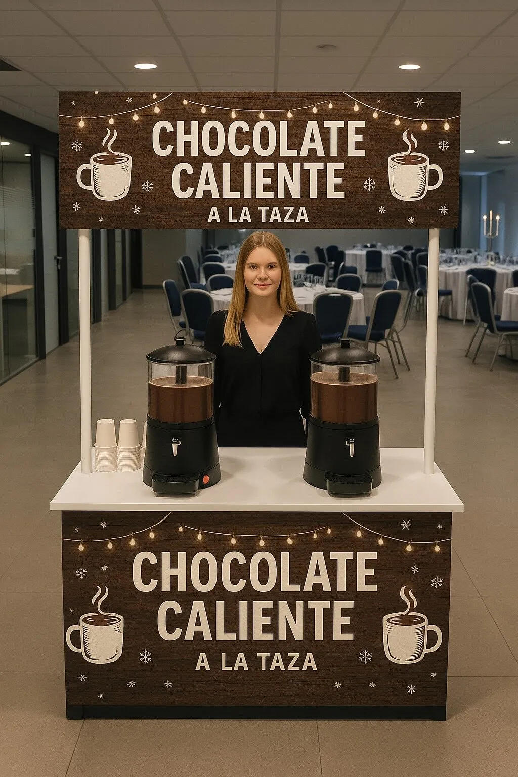Puesto de chocolate caliente a la taza con dos dispensadores en un evento de empresa