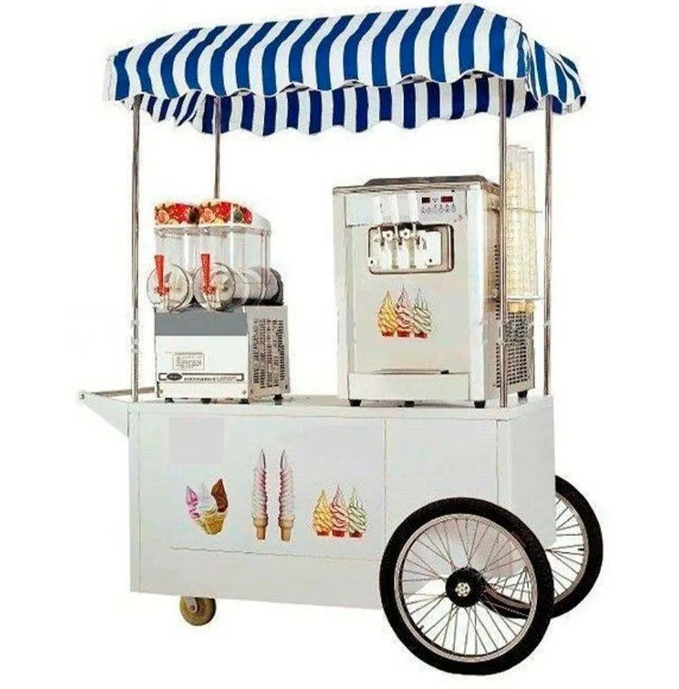 Carrito de helados soft blanco con toldo de rayas azules y máquina de helado