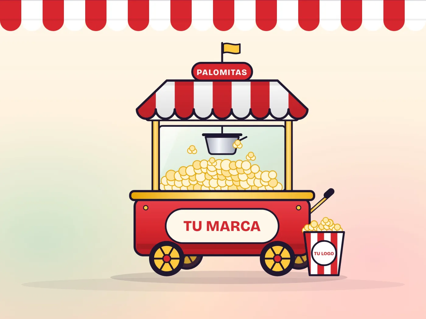 Ilustración del carrito XXL de palomitas: carro grande rojo de cuatro ruedas con techo y máquina de palomitas grande