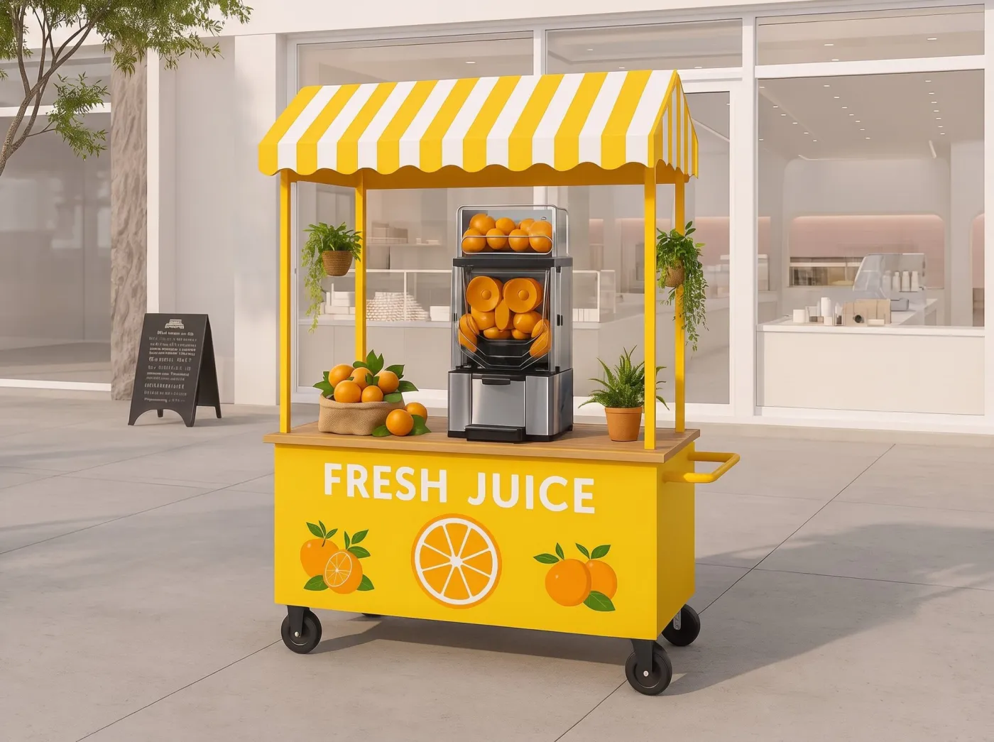 Carrito exprimidor de naranjas amarillo con toldo de rayas y naranjas en la tolva